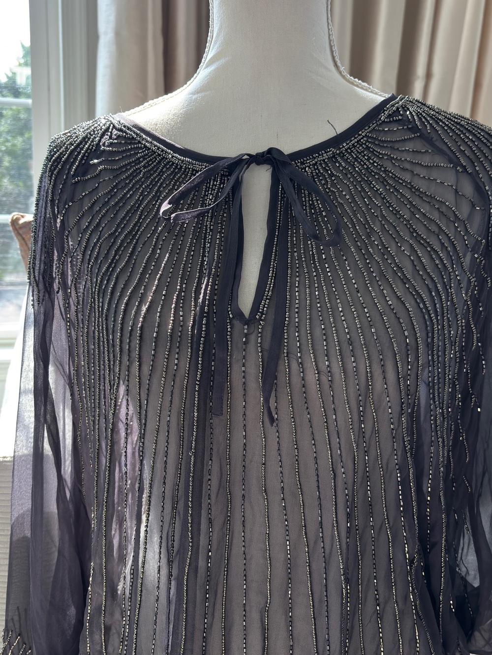 Parker Grey Sheer Beaded Tie-Neck Top